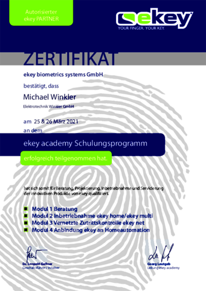 ekey Zertifikat vom Schulungsprogramm